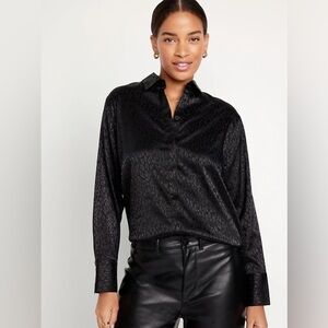 New Old Navy Womens Textured Satin Button-Down Boyfriend Shirt Black Jack Animal